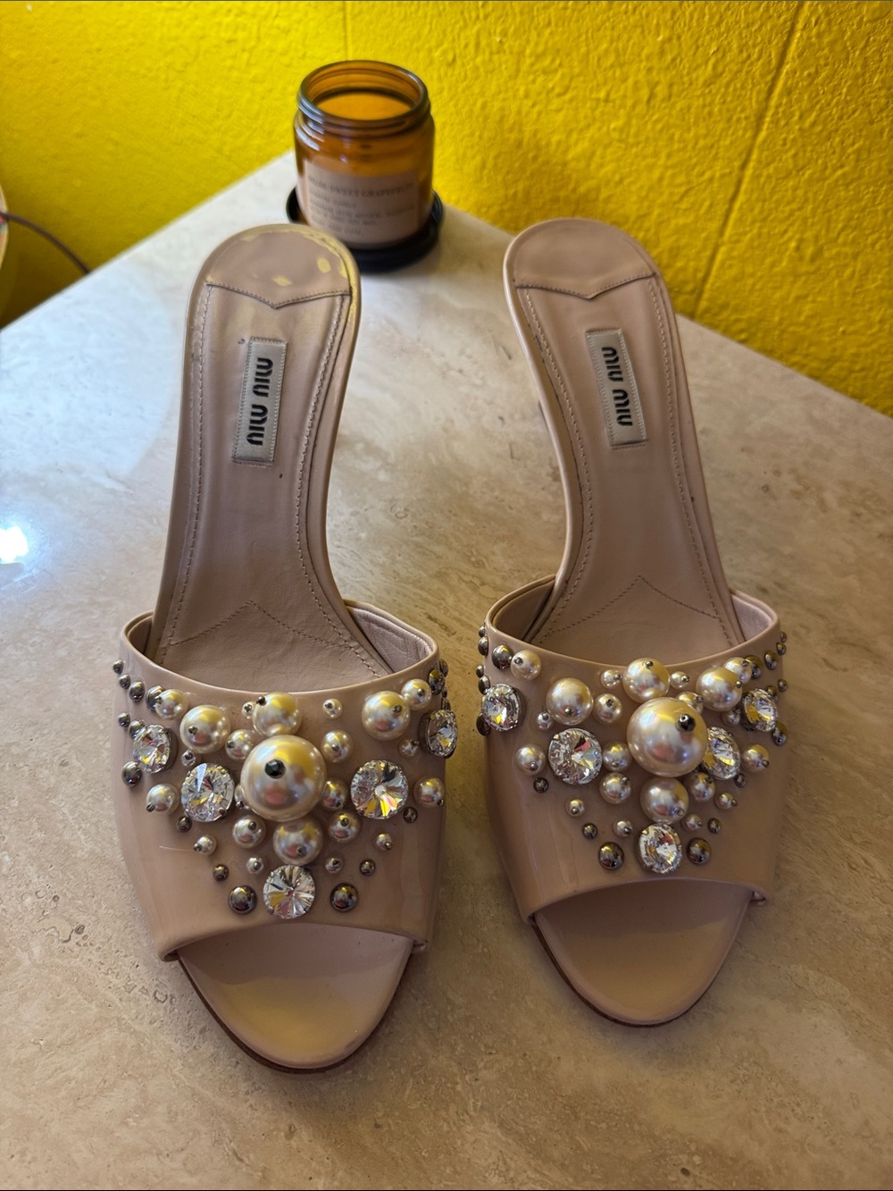 Miu Miu Blush Patent Leather Pearl & Crystal Slide Mules